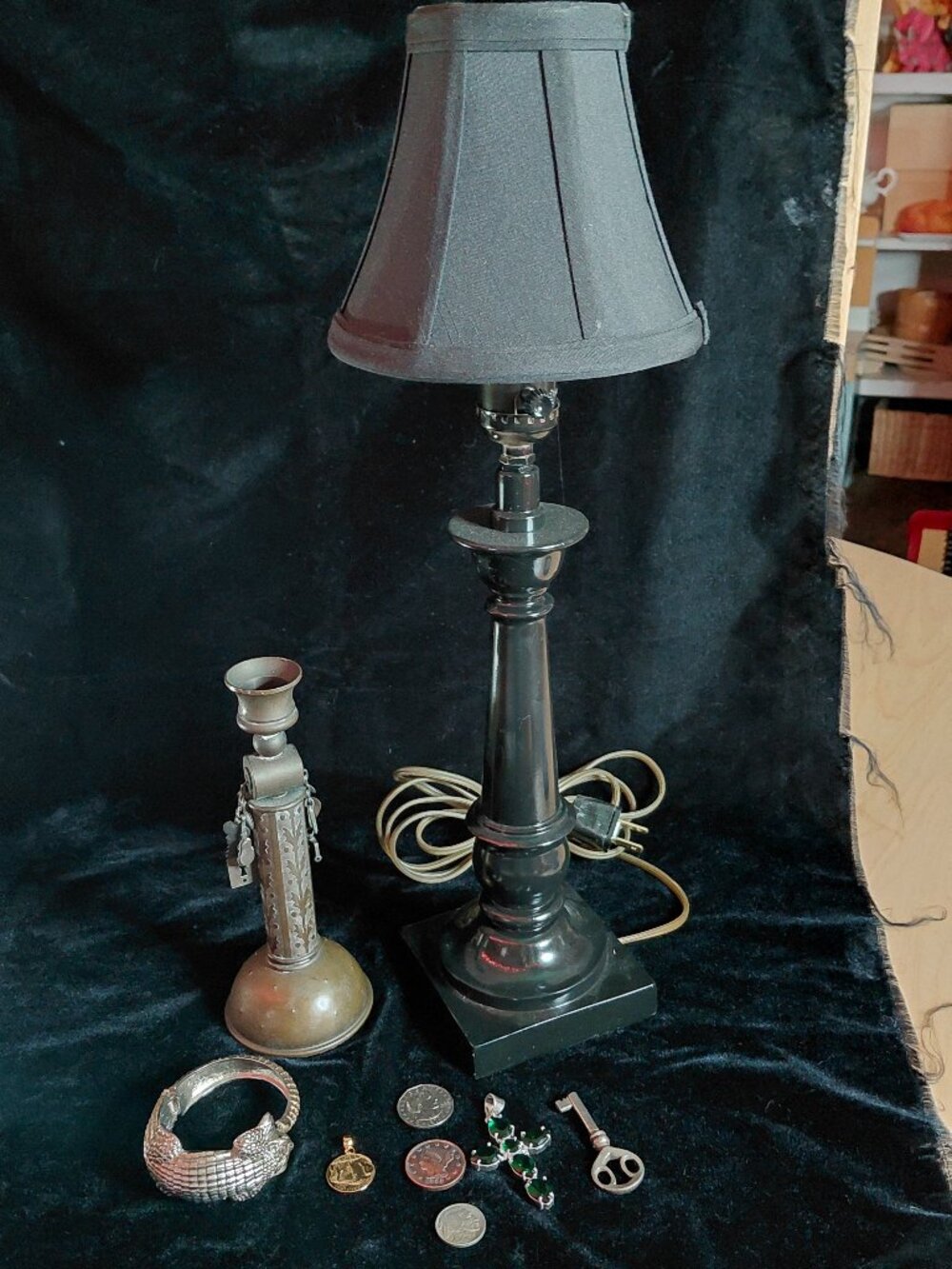 Vintage Antique mixed lot l jewelry l coins l table lamp